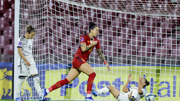 Jennifer Hermoso pictured celebrating after scoring the winning goal for Spain against Italy in a Women's Nations League game in October 2023
